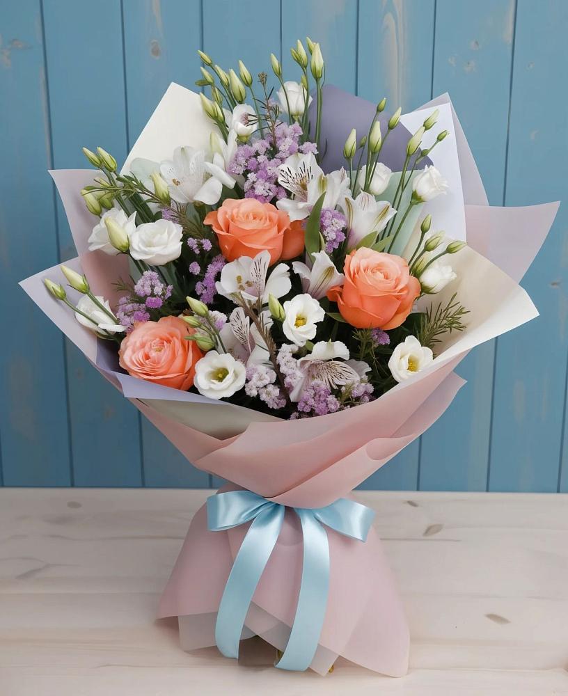 Букет цветов из: Лизиантусы, Розы, Альстромерии и Гипсофила в Знаменске